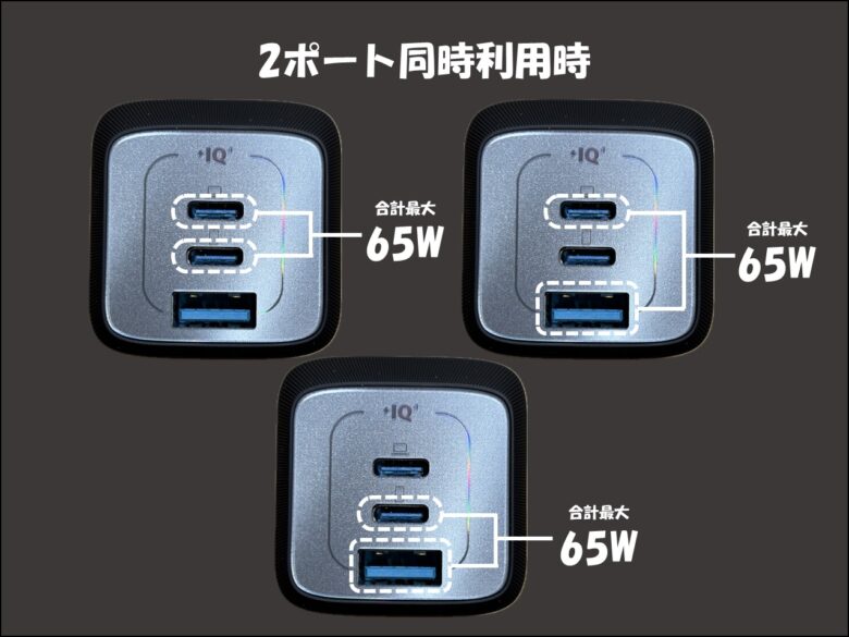 Anker Prime Wall Charger (67W, 3 ports, GaN) 2ポート利用時
